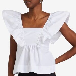 Ganni Sleeveless Ruffle Cotton Poplin Blouse, Top